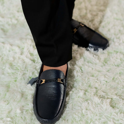CLASSIC BLACK CALF LEATHER MOCCASIN PENNY LOAFER (DECORATIVE STRAP)
