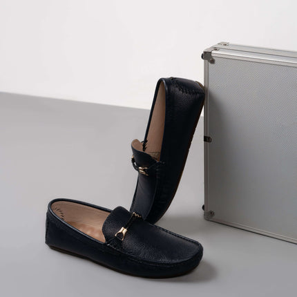 CLASSIC BLACK CALF LEATHER MOCCASIN PENNY LOAFER (DECORATIVE STRAP)