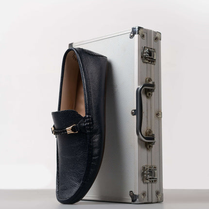 CLASSIC BLACK CALF LEATHER MOCCASIN PENNY LOAFER (DECORATIVE STRAP)